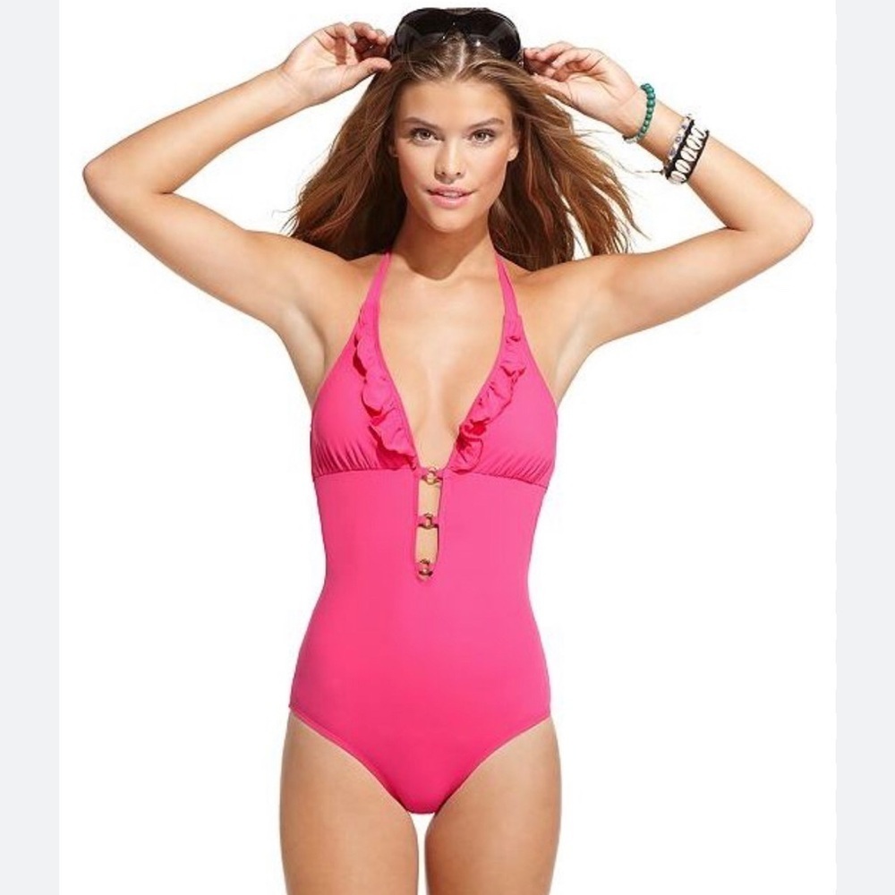 Guess One Piece Swimsuit Size Large Hot Pink NWT Plunge Ruffles‎ Barbiecore
